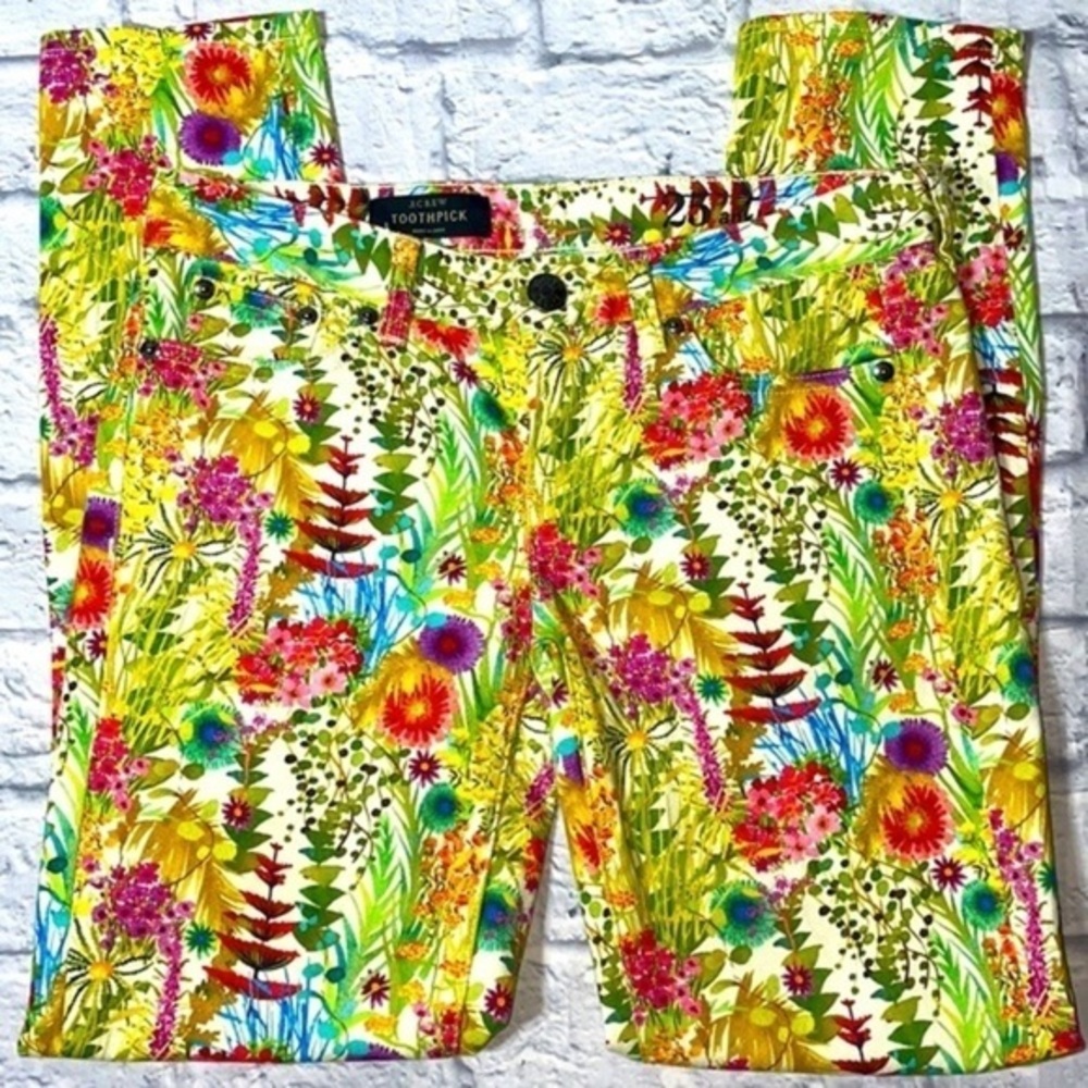 J.Crew Liberty Boho Neon Floral Whimsical Spring Print Denim Toothpick Jean Pant